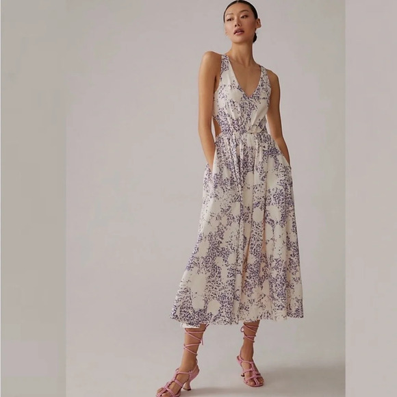 Anthropologie Aureta Studio Side Cutout ivory lavender Midi Dress Size X-Large - Picture 2 of 9